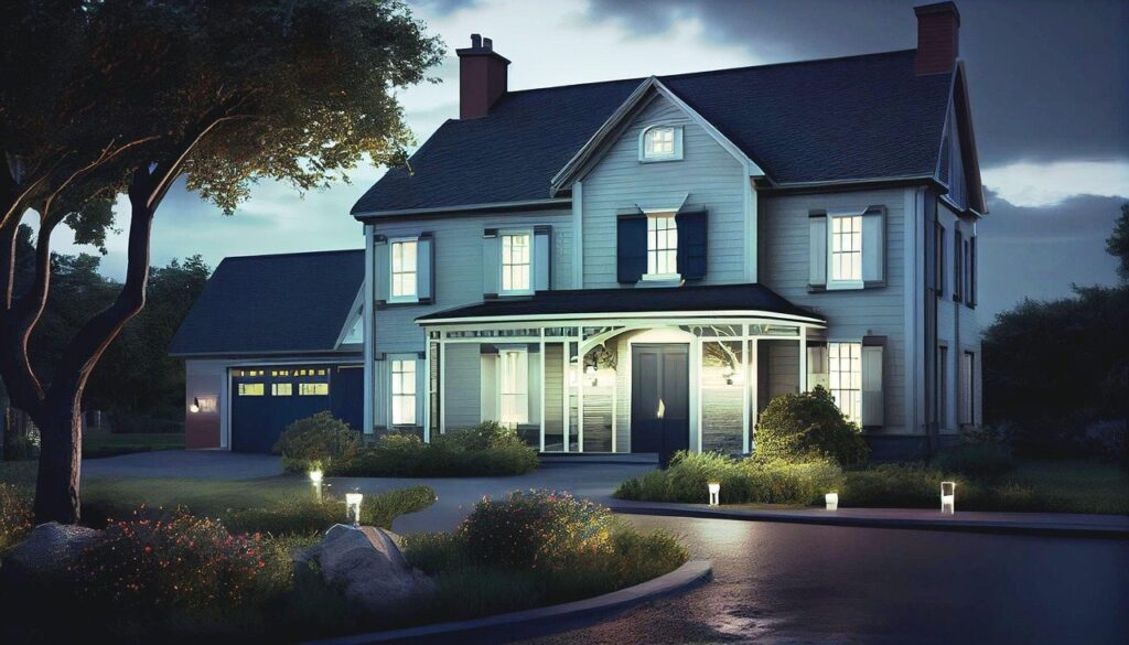 Home with lights along the roofline at dusk