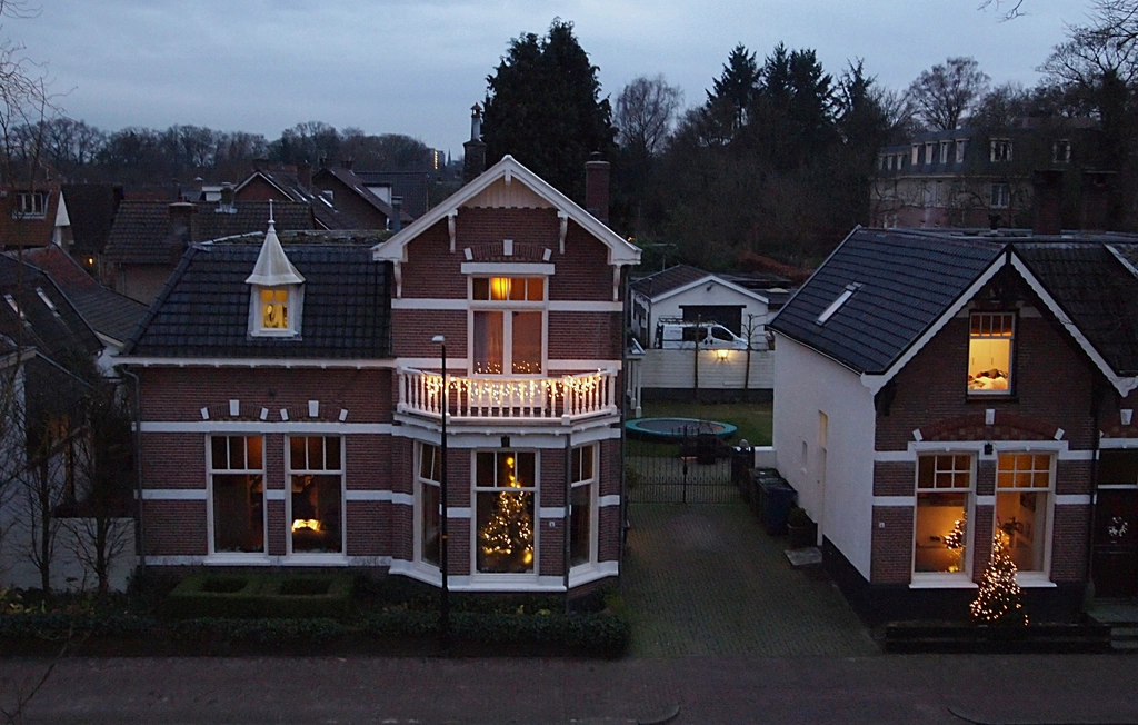 Homes decorated with Christmas lights at dusk