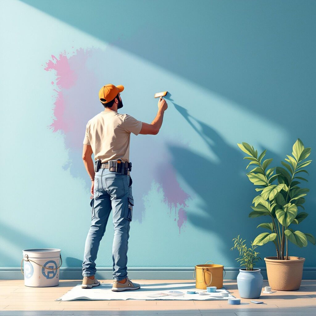 Painter cutting in a wall in a bright living room